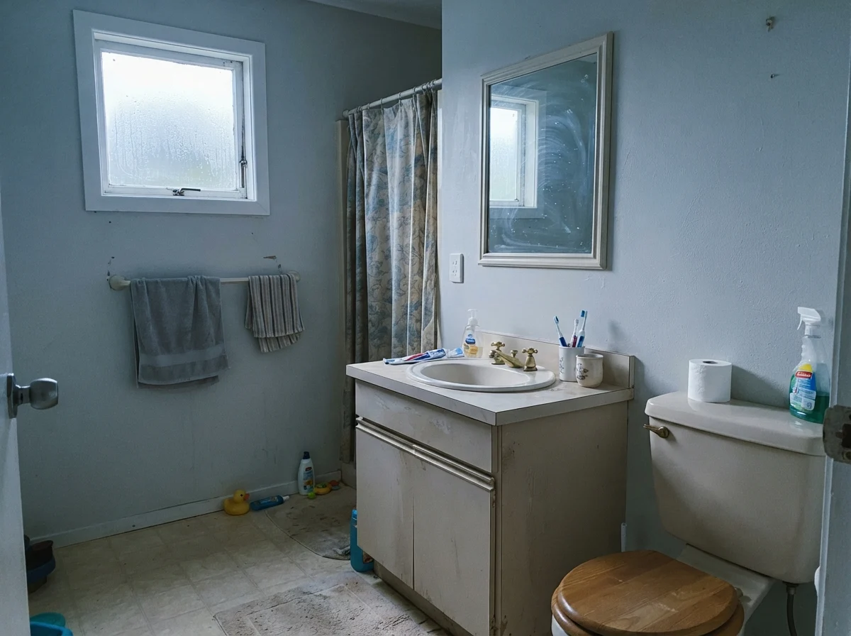 Modest bathroom with older beige vanity, toilet, and painted walls taking on a cool cast from a rainy north-facing window