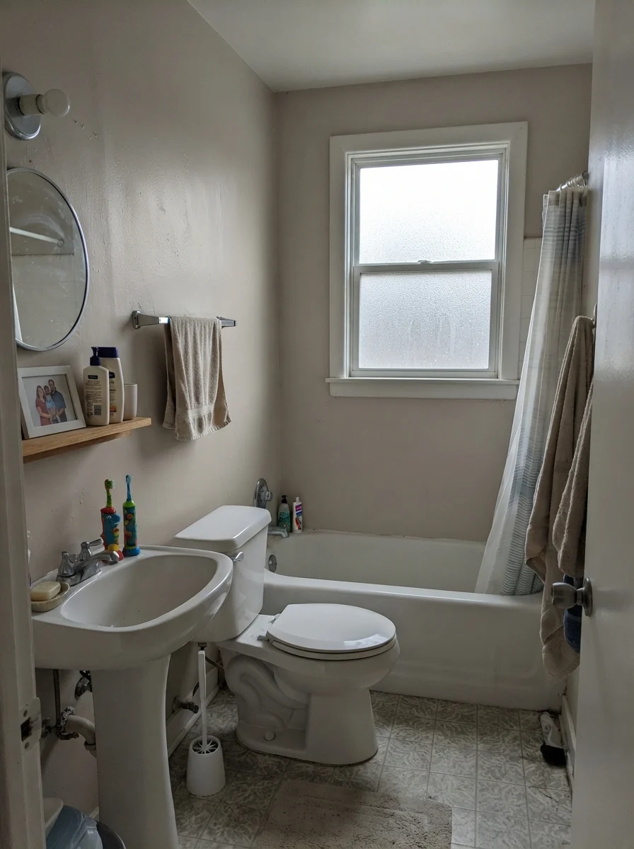 Small bathroom with white fixtures and plain towel bar showing muted painted walls in overcast light