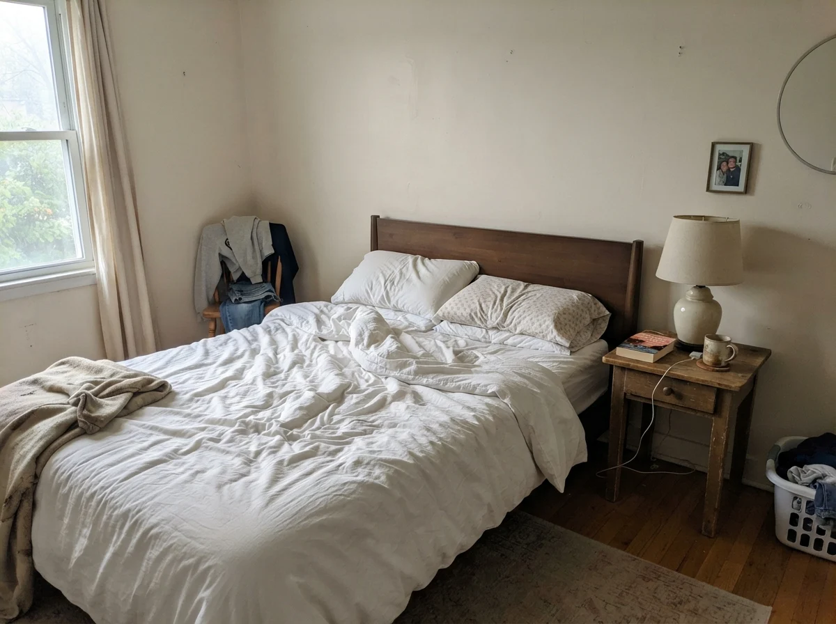 Simple bedroom with unmade white bedding, wood nightstand with lamp off, and pale Natural Linen walls in cool morning light