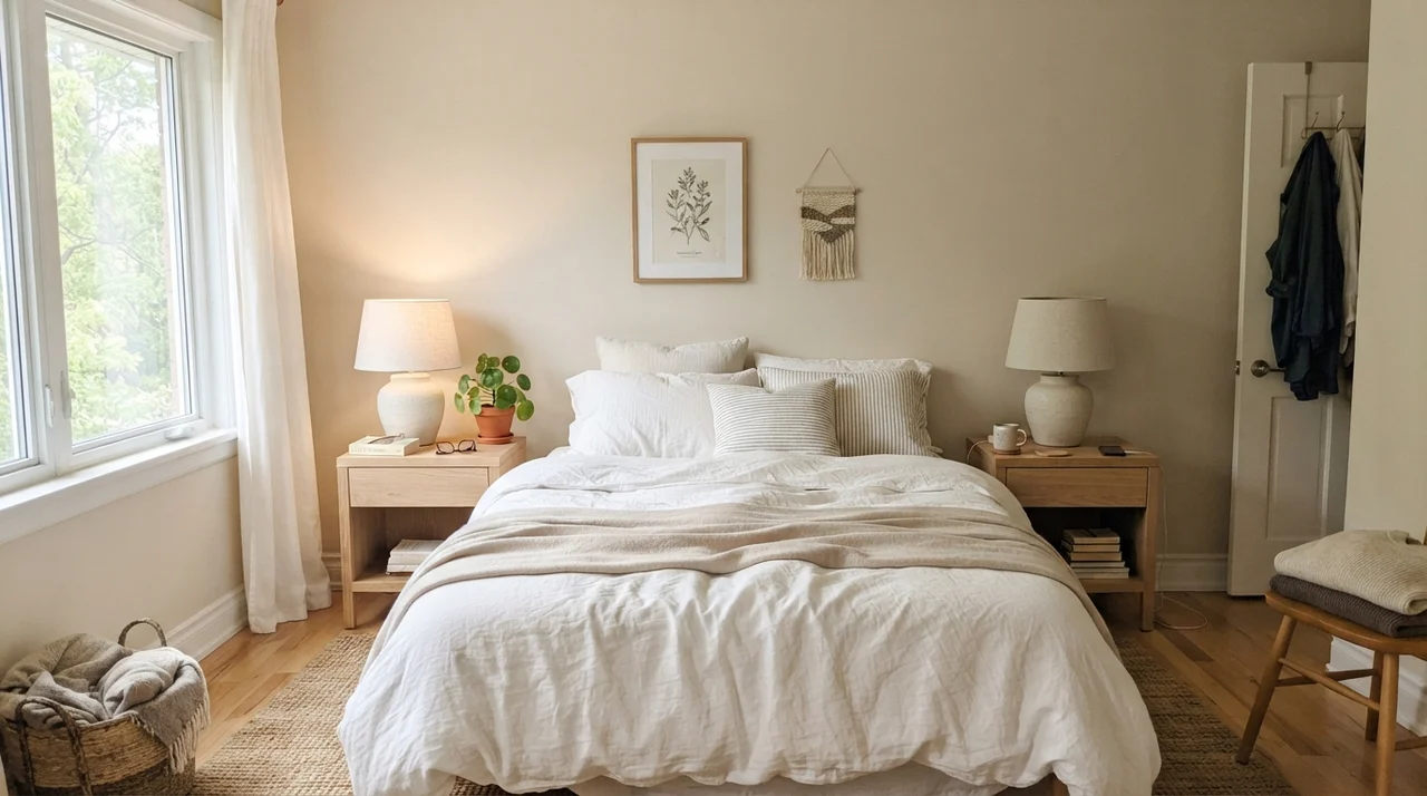 Main bedroom with white linen bedding, pale oak nightstands, ceramic lamps, and painted Natural Linen walls