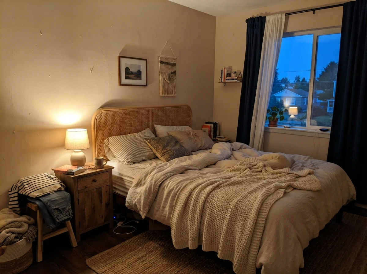 Bedroom with rattan headboard, cozy blanket, and warm table lamp glowing against Natural Linen wall at dusk