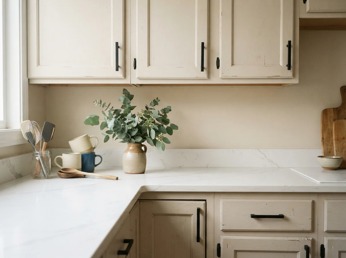 Close-up of Natural Linen painted shaker cabinets with matte black hardware and white quartz counter