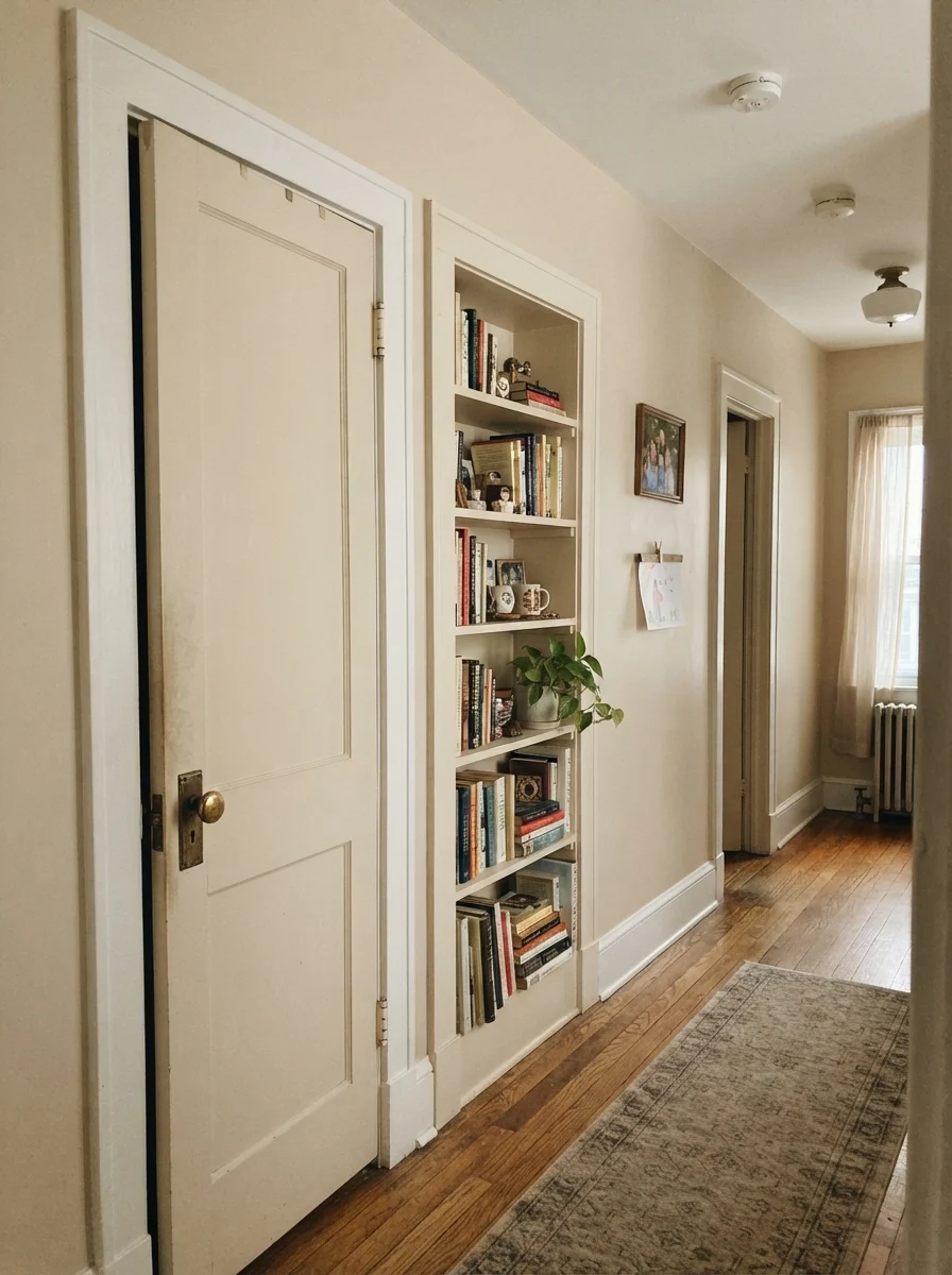 Older hallway featuring a two-panel interior door and built-in bookshelf painted Natural Linen against cream walls