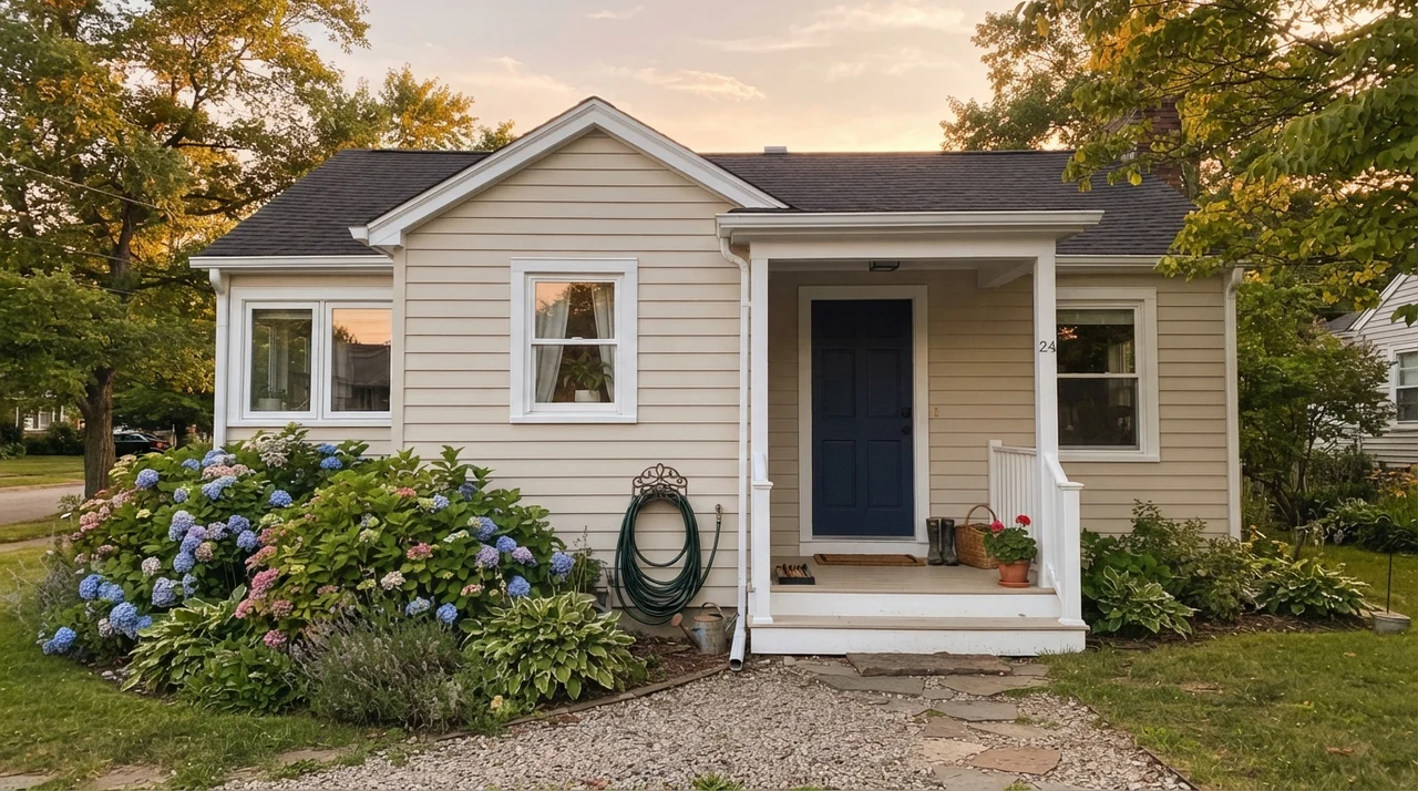 House exterior with horizontal siding painted Natural Linen, white trim, dark navy front door, and hydrangeas