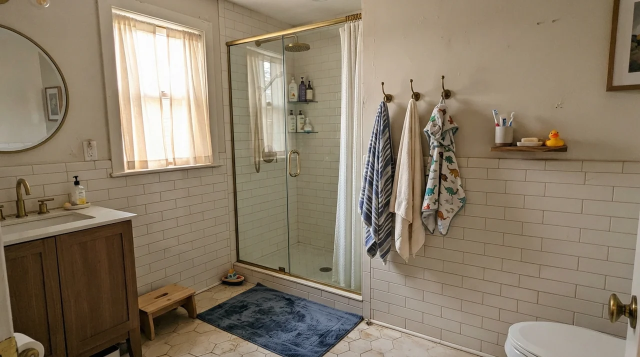 Family bathroom with Natural Linen upper walls over white subway wainscot, brass fixtures, glass door, and towels on hooks