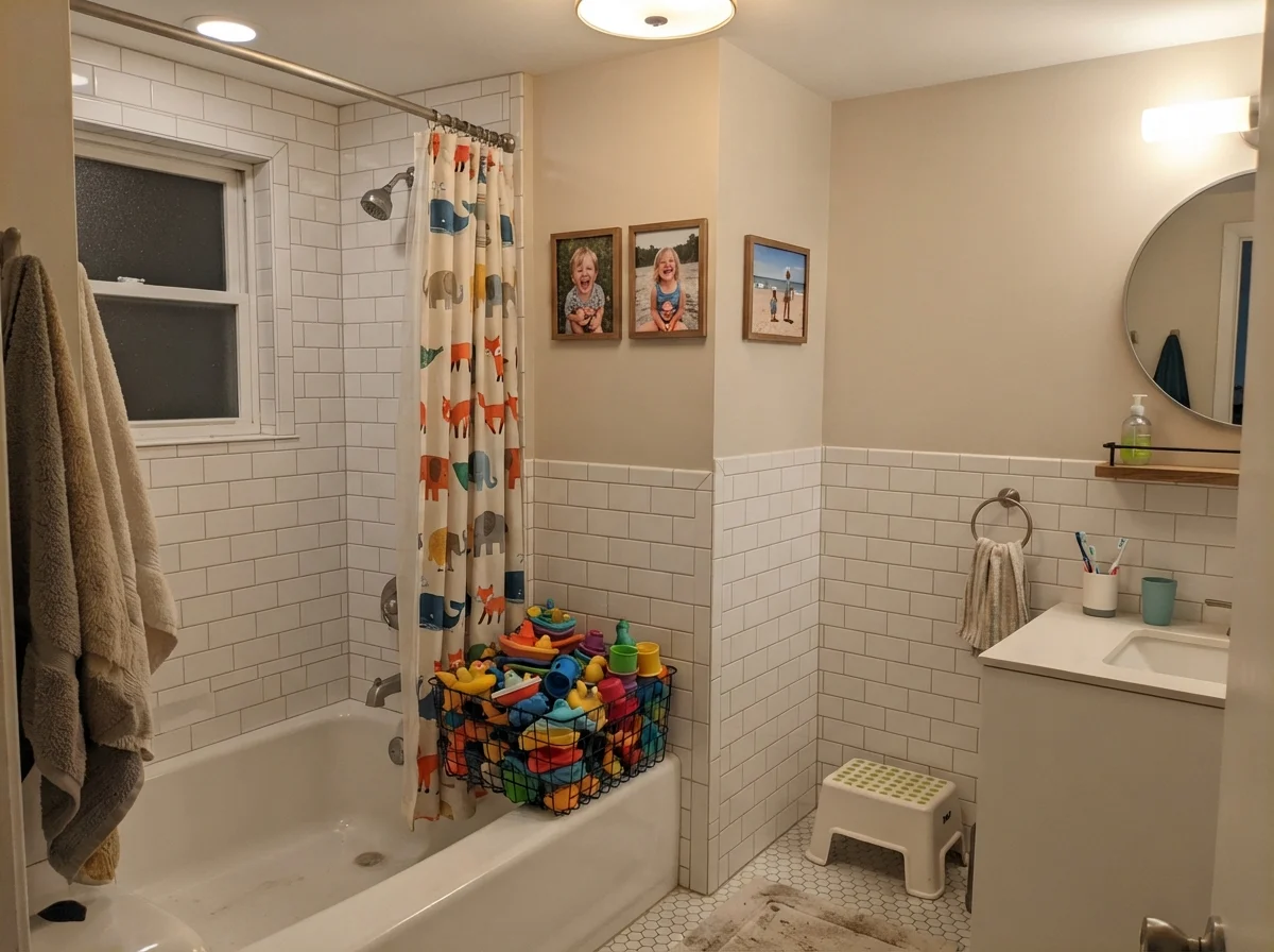 Kids bathroom with painted Natural Linen walls over subway tile, wire basket of bath toys, shower curtain, and family photos