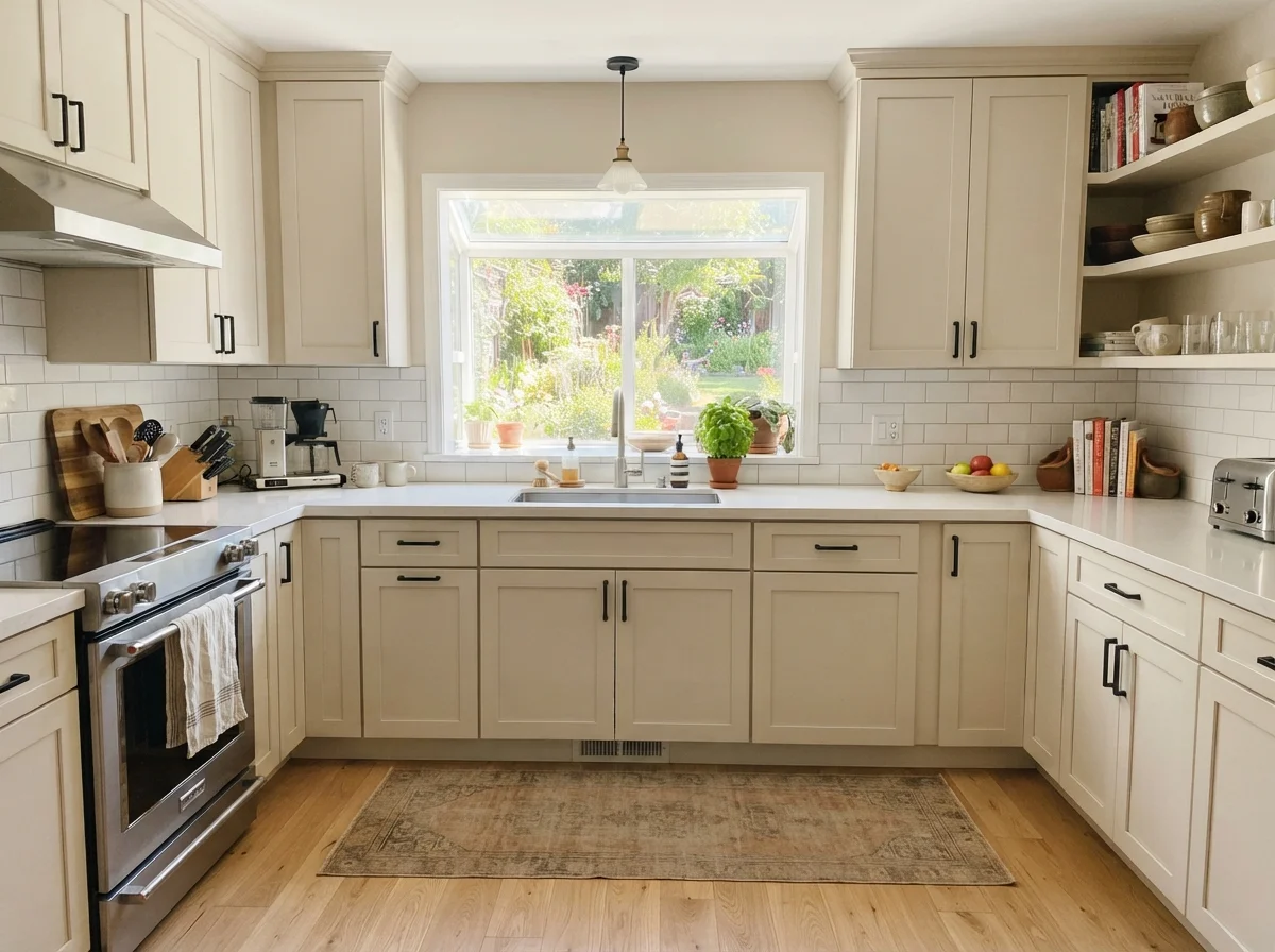 Kitchen featuring shaker cabinets painted Natural Linen, white subway tile, white counters, and light oak flooring