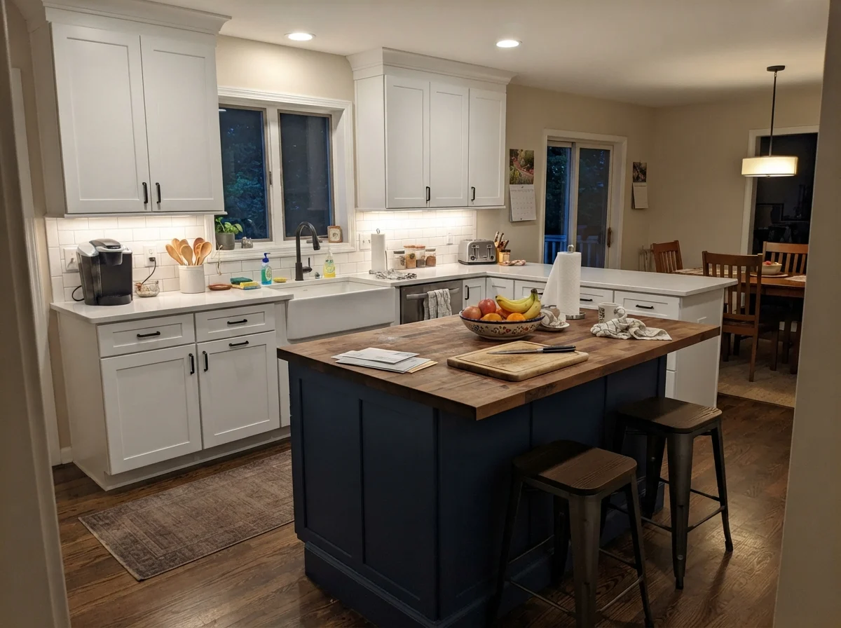 Family kitchen with Natural Linen painted island, surrounding white cabinets, cream walls, and cutting board