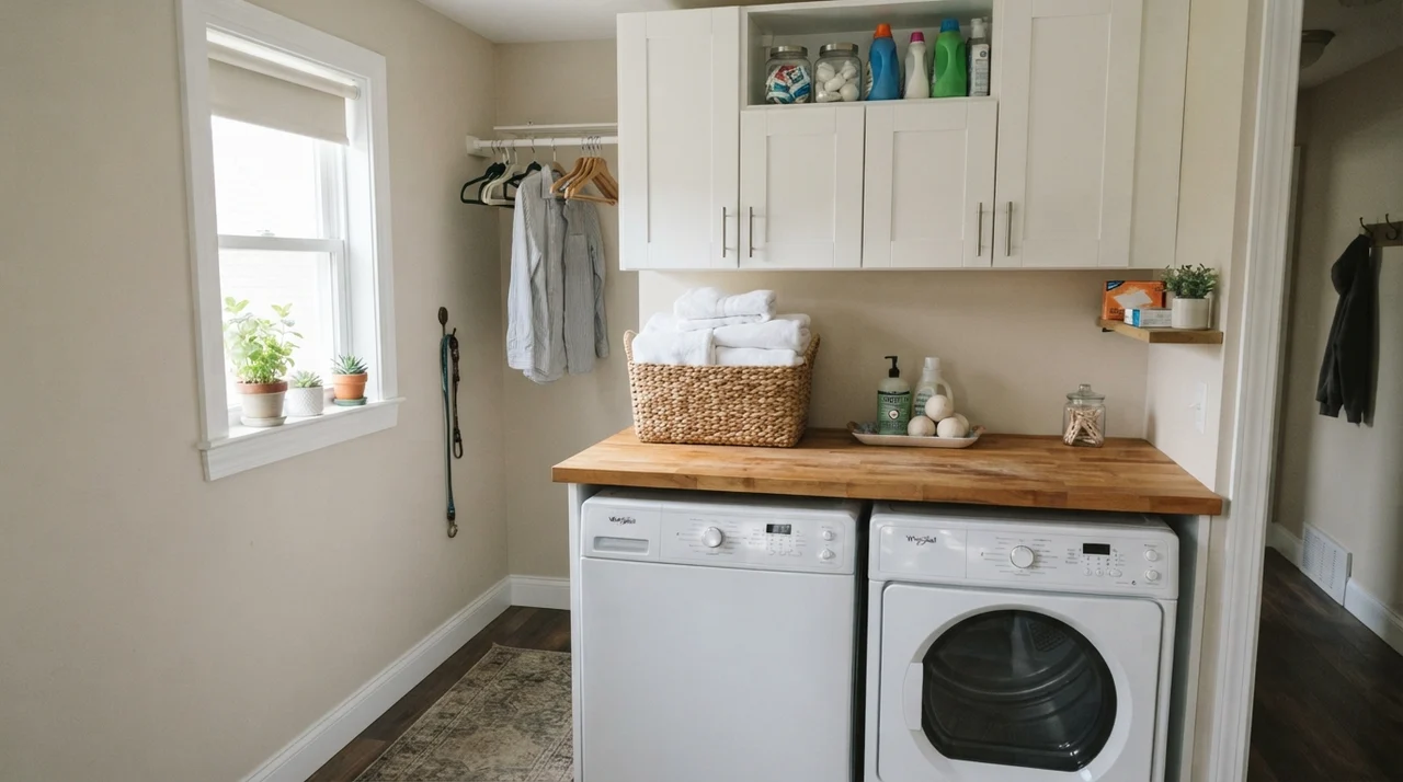 Laundry room with Natural Linen walls, white upper cabinets, butcher block counter, white washer and dryer, and towel basket