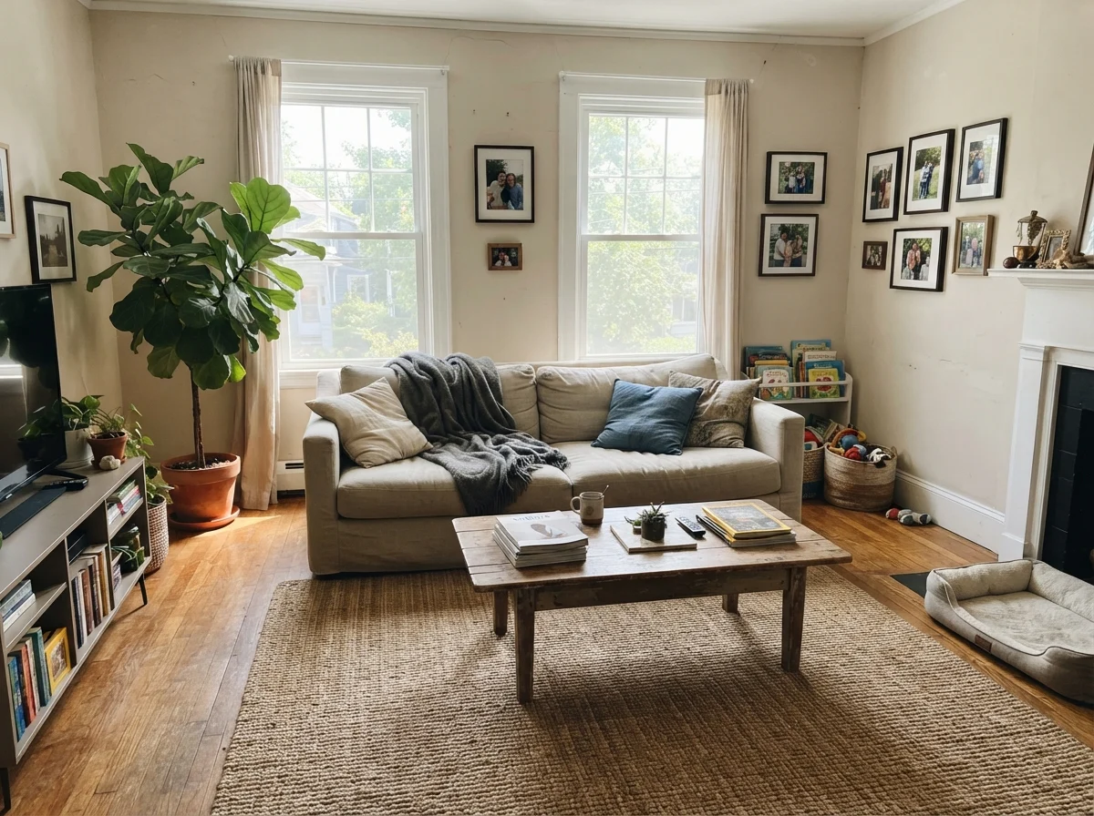 Living room filled with midday sun featuring linen sofa, rumpled throw, wood coffee table, jute rug, and Natural Linen walls