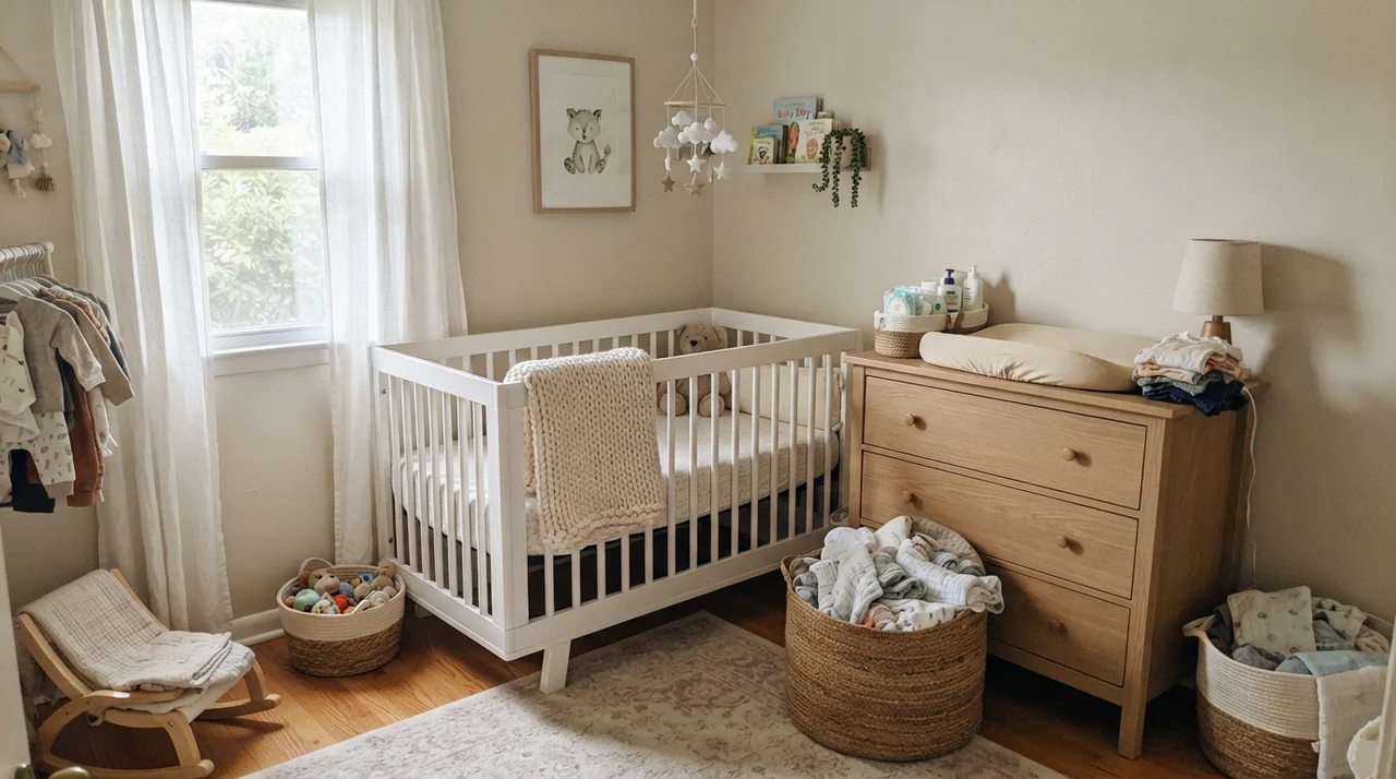 Nursery with painted walls, white crib, knit blanket, light wood dresser, and woven basket of muslin cloths