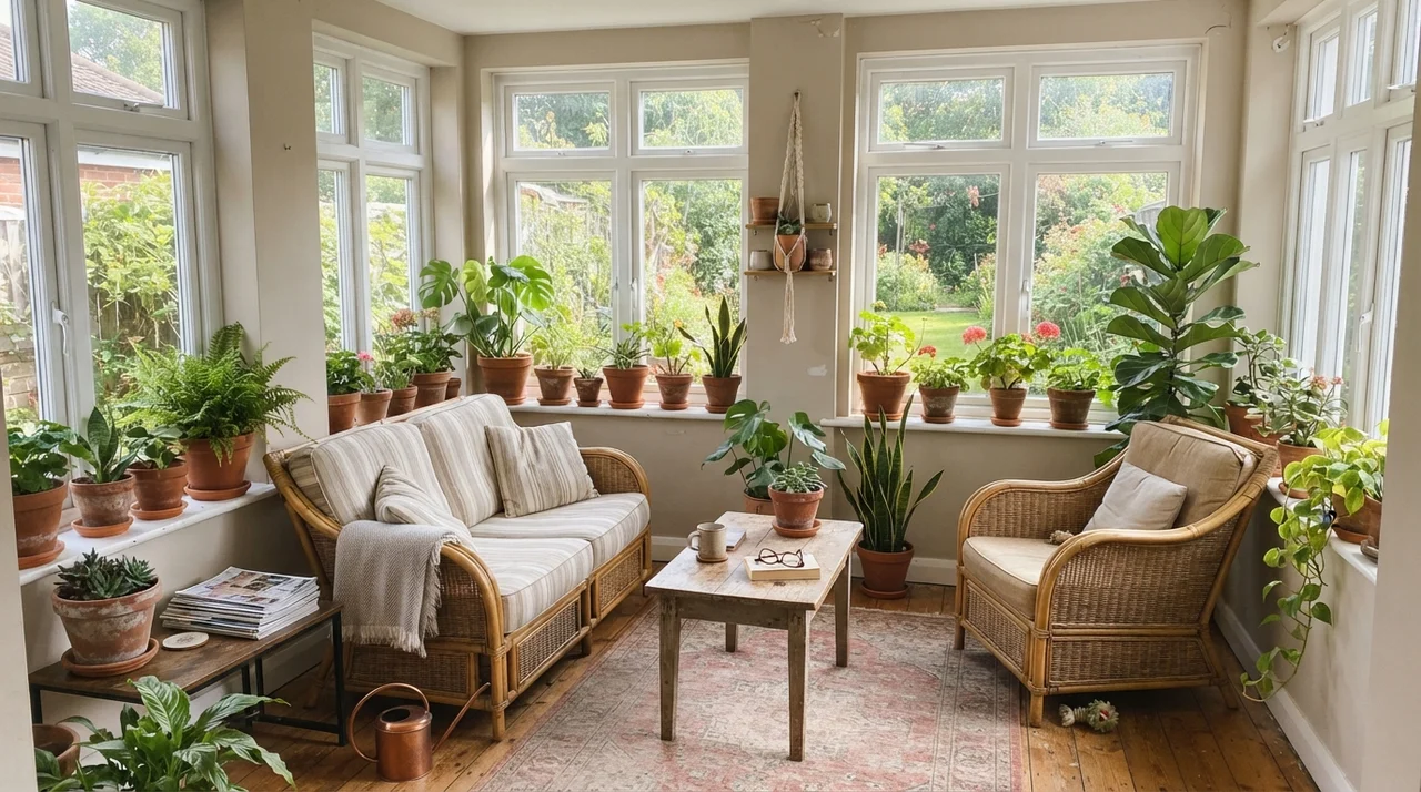 Sunroom with white-framed windows, rattan furniture, terracotta pots, lush plants, and painted Natural Linen walls