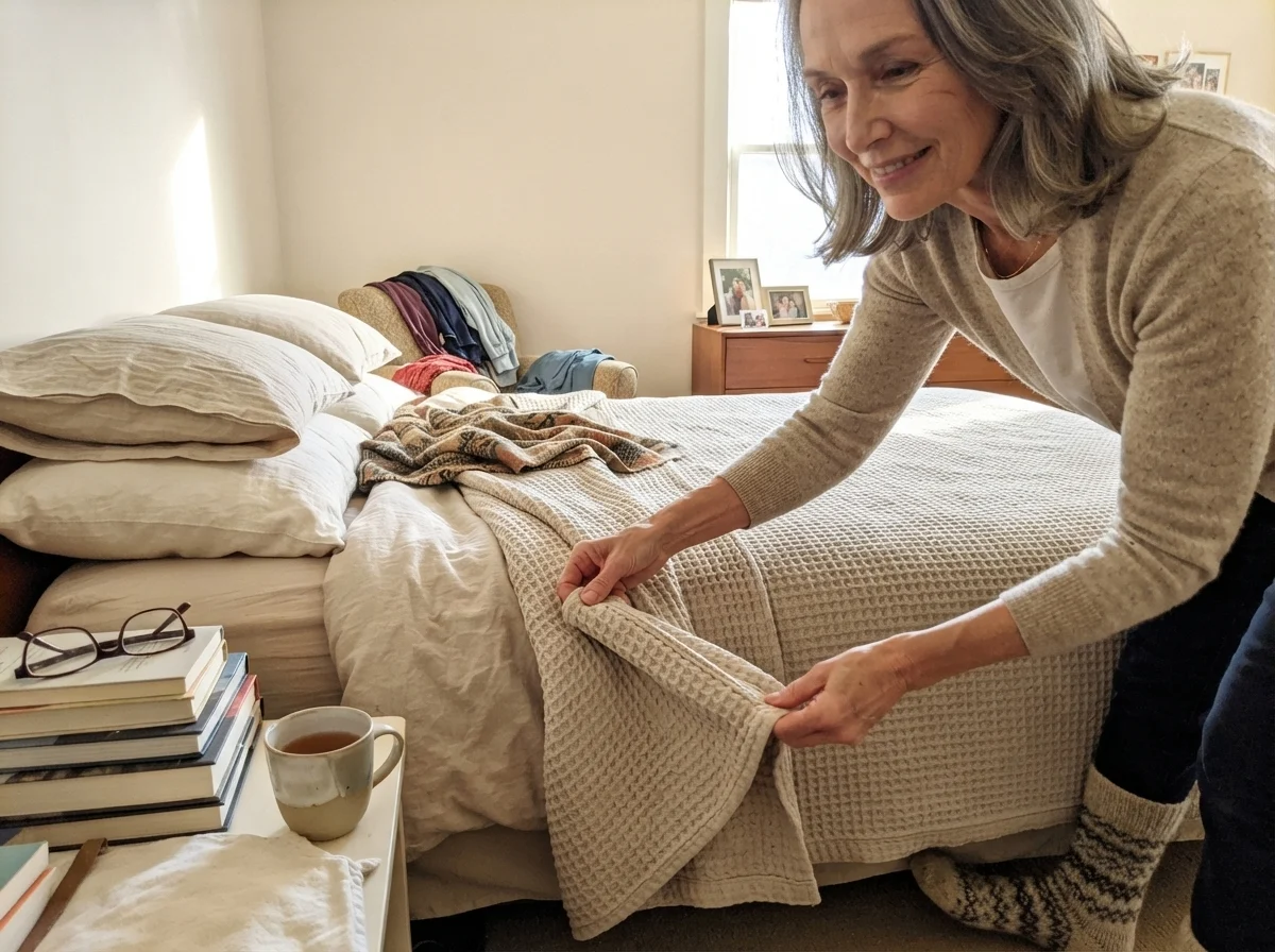 Susan smoothing a waffle-weave blanket on her bed against a sunlit bedroom wall painted in Natural Linen