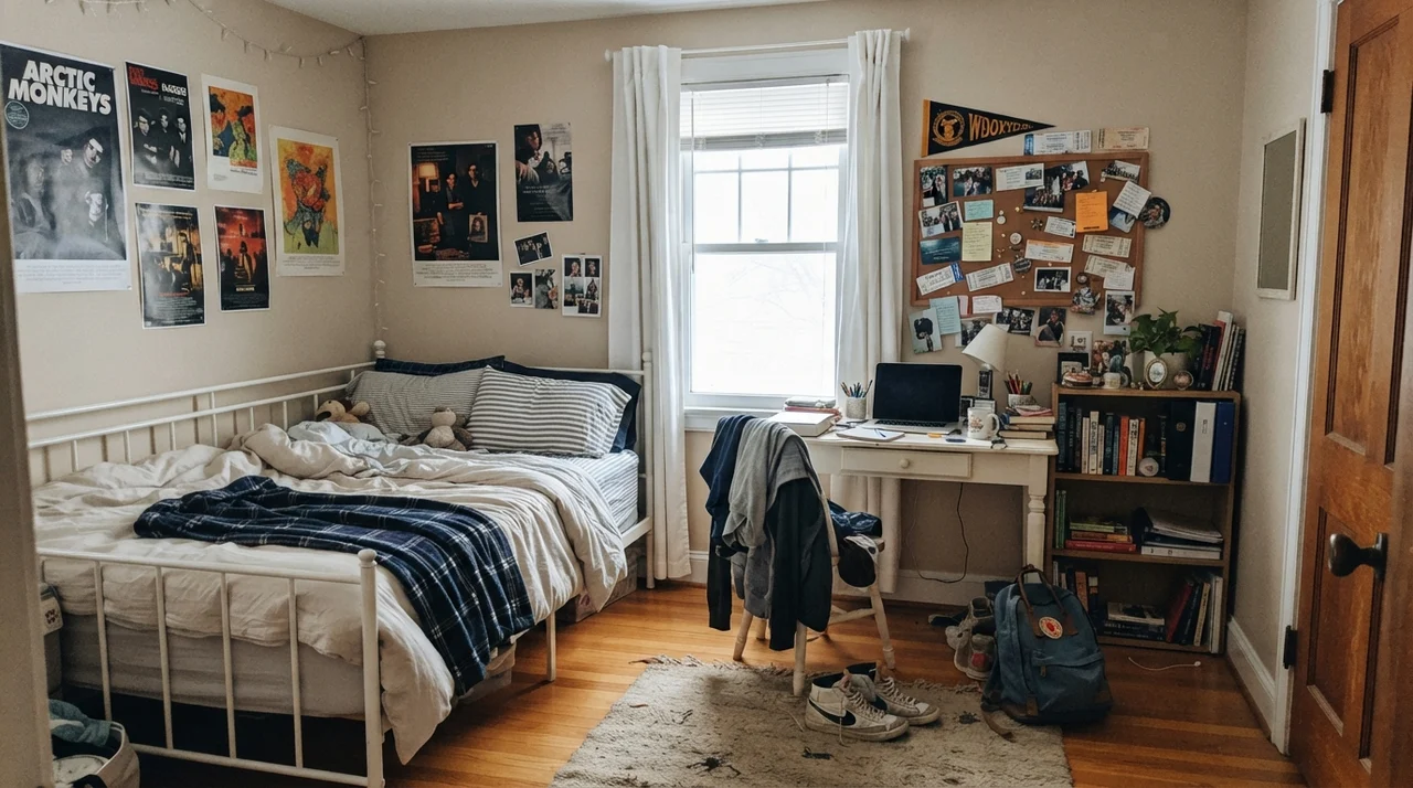 Teenager bedroom with white metal bed, white desk with corkboard, open bookshelves, and Natural Linen walls