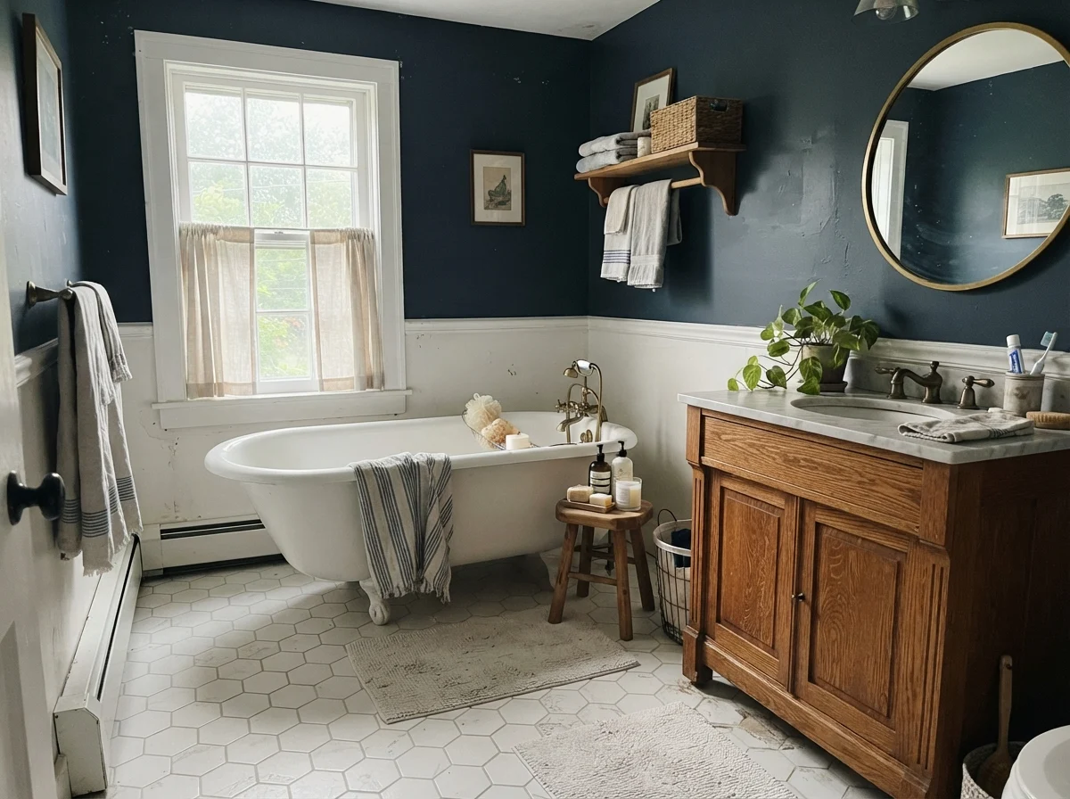 Cottage bathroom featuring white clawfoot tub, hex tile, oak vanity, and Naval walls