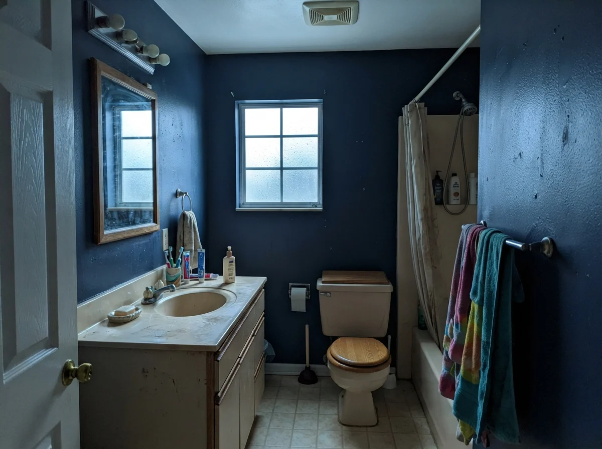 Modest bathroom with cool north light casting a slate tone on the painted Naval walls