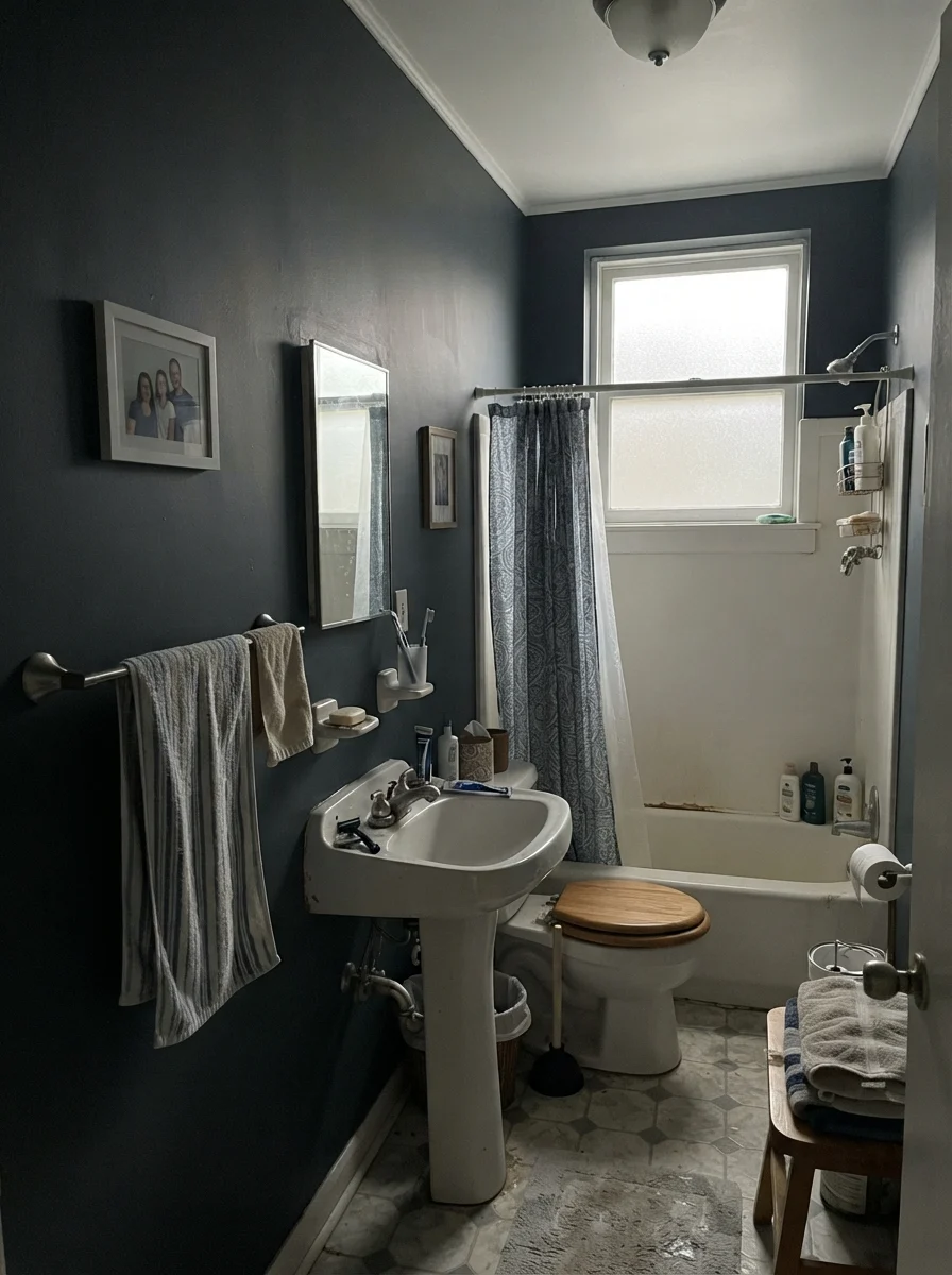 Small bathroom with Naval walls reading muted in flat overcast light through a frosted window