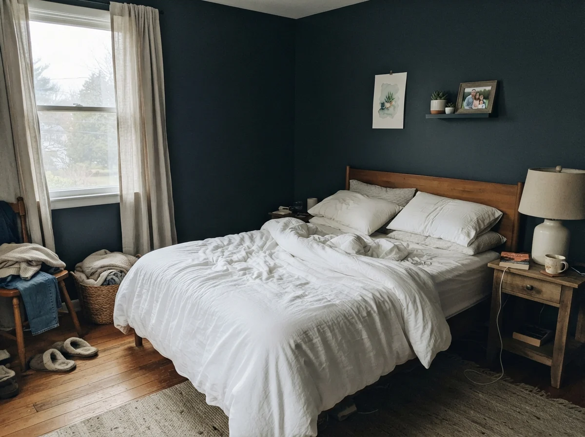 Bedroom with Naval walls in cool early morning daylight with white bedding and wood nightstand