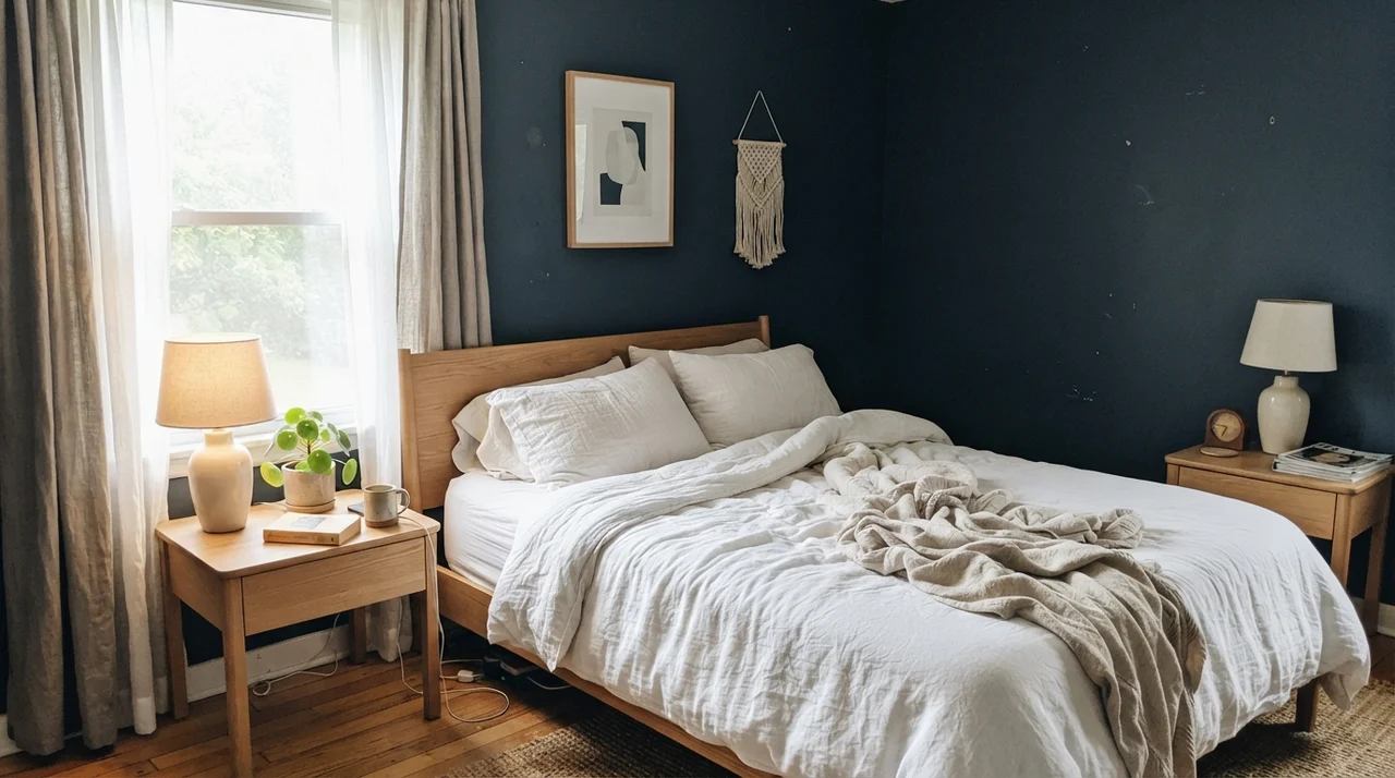 Main bedroom with painted Naval walls, white linen bedding, and pale oak nightstands