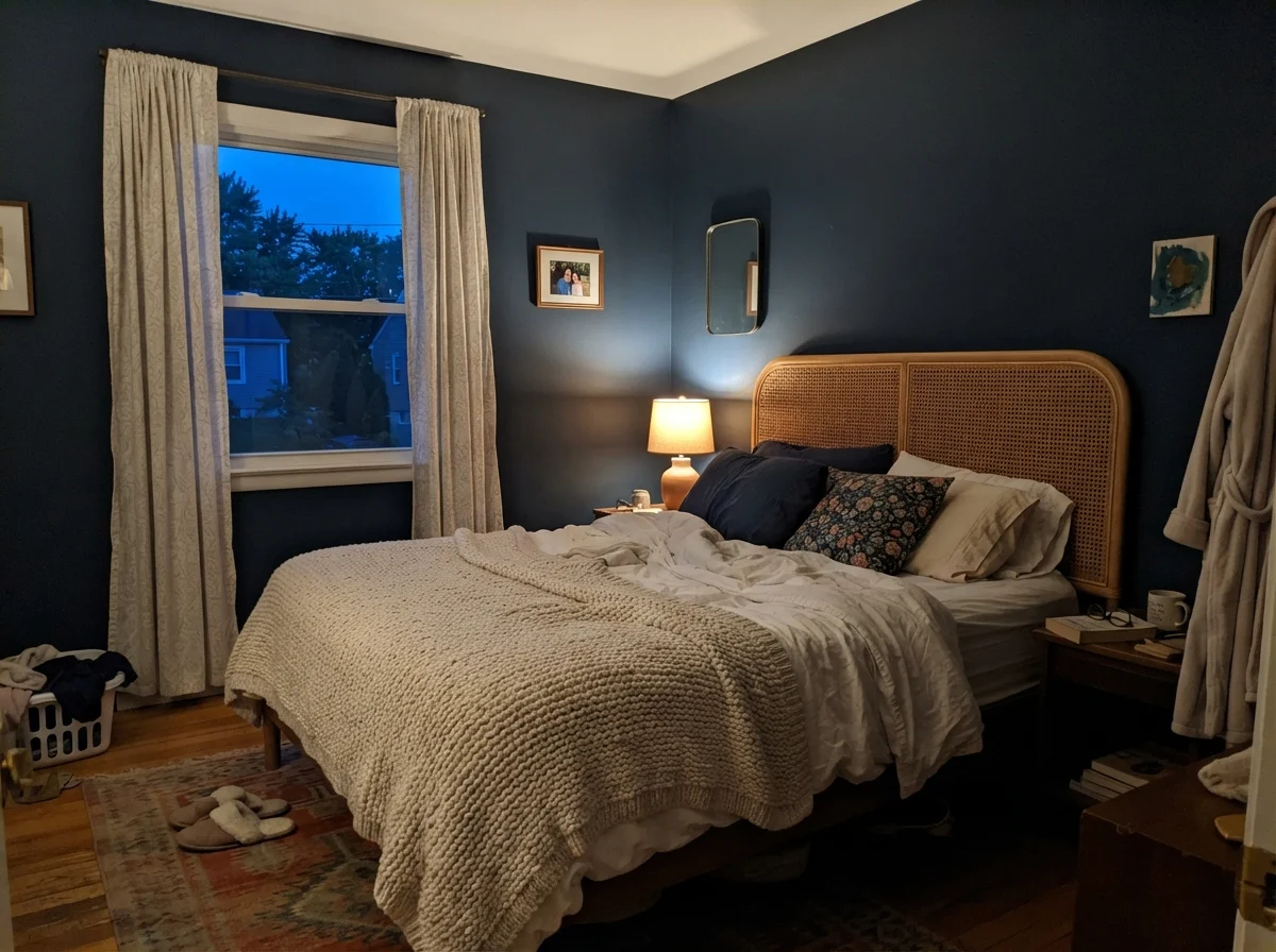 Bedroom at dusk with painted Naval wall illuminated by warm table lamp near a cane headboard