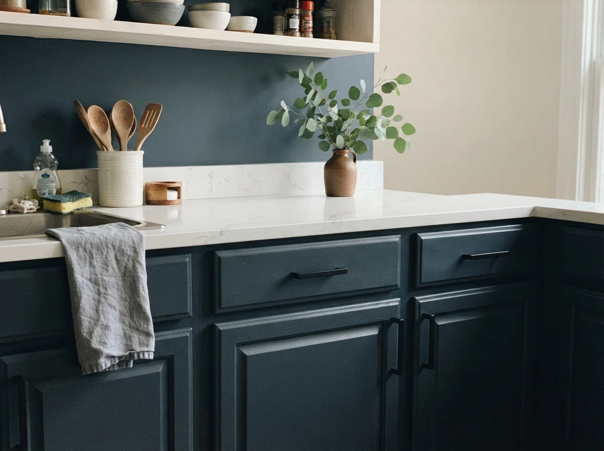 Close-up of Naval painted shaker cabinet fronts with black hardware and white quartz counter