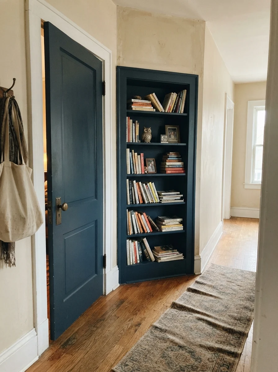 Two-panel door and built-in bookshelf painted Naval against cream hallway walls