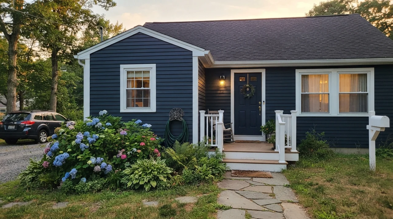 House exterior with Naval painted siding, white trim, porch, and hydrangea bushes at golden hour