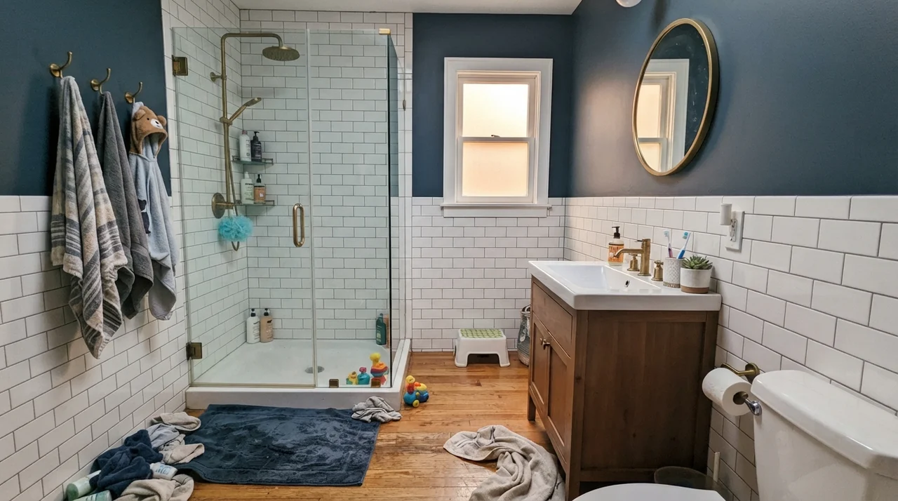 Family bathroom with Naval painted walls above white subway tile wainscoting with brass fixtures and side window light