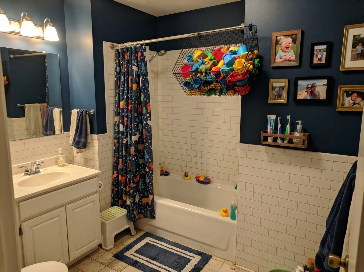 Kids bathroom with Naval painted walls above white tile wainscoting and shower curtain