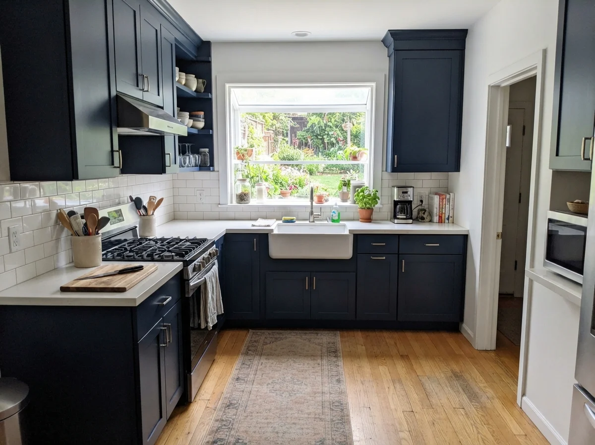 Kitchen shaker cabinets painted Naval in bright window light with white backsplash and oak floor