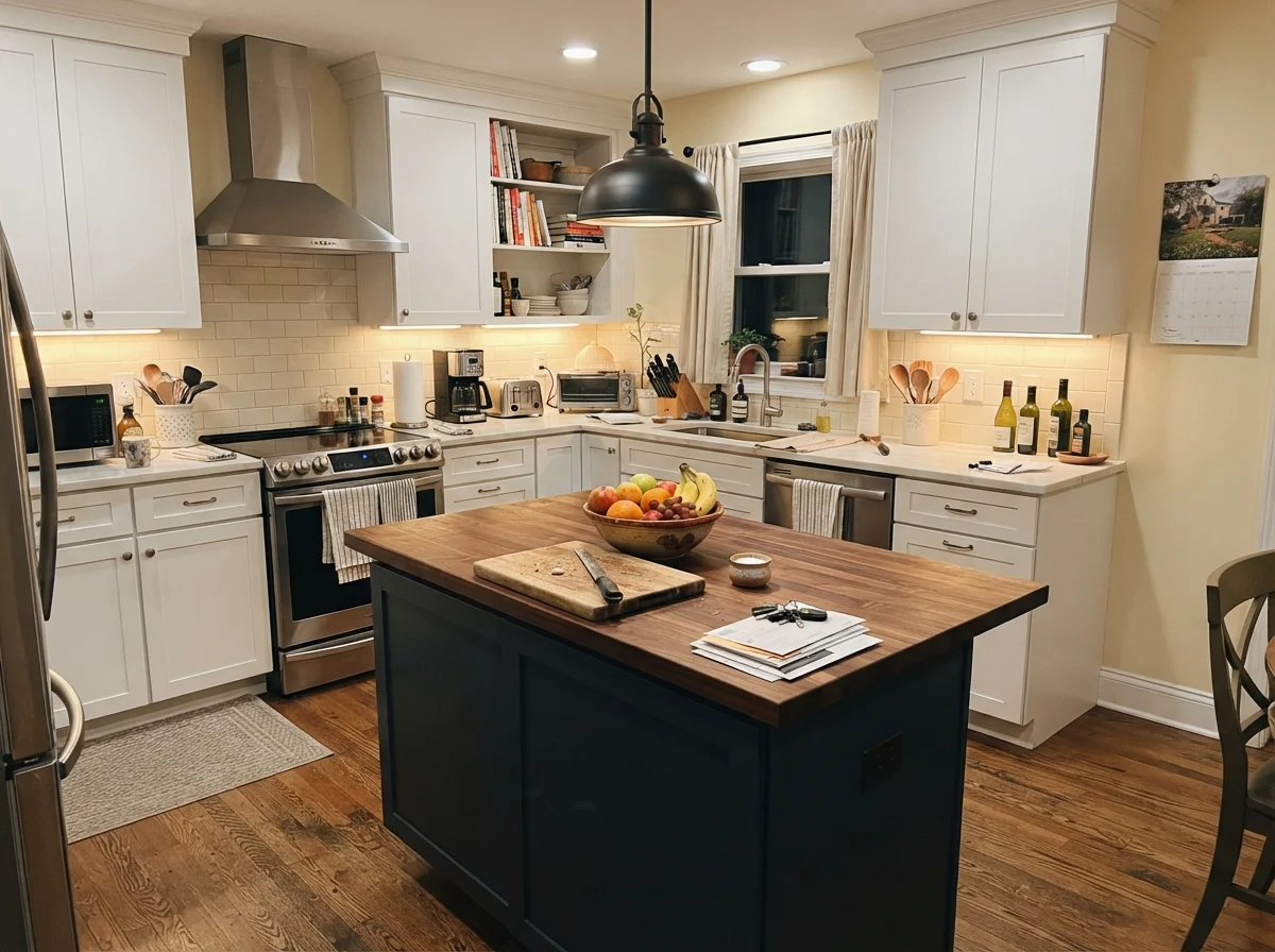 Kitchen island painted in Naval with cream walls and white cabinets around it