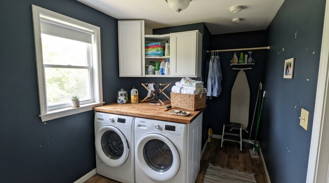 Bright laundry room with painted Naval walls, white cabinets, and butcher-block counter
