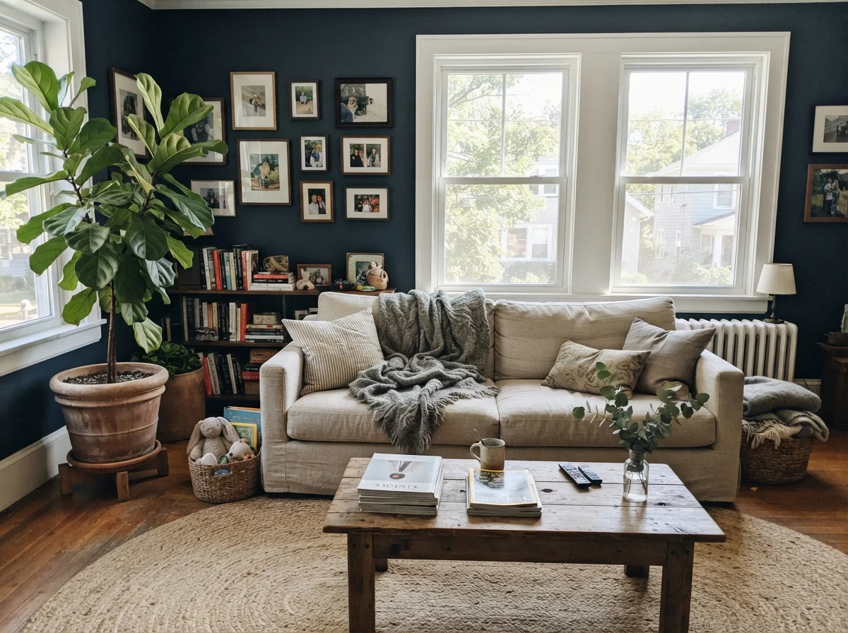Sunlit living room with Naval walls, linen sofa, wood coffee table, and large potted plant