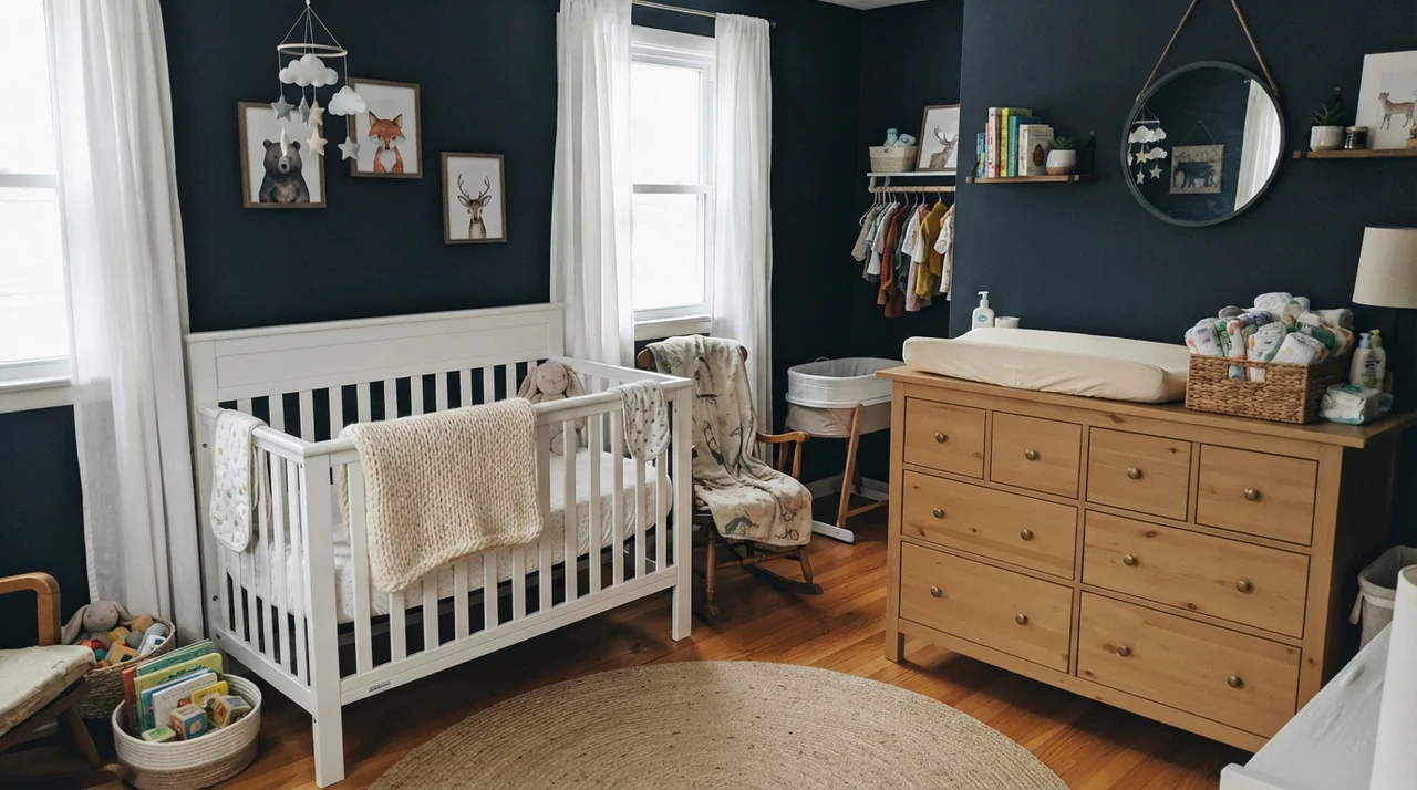 Nursery with painted Naval walls, white crib, and light wood dresser in gentle daylight