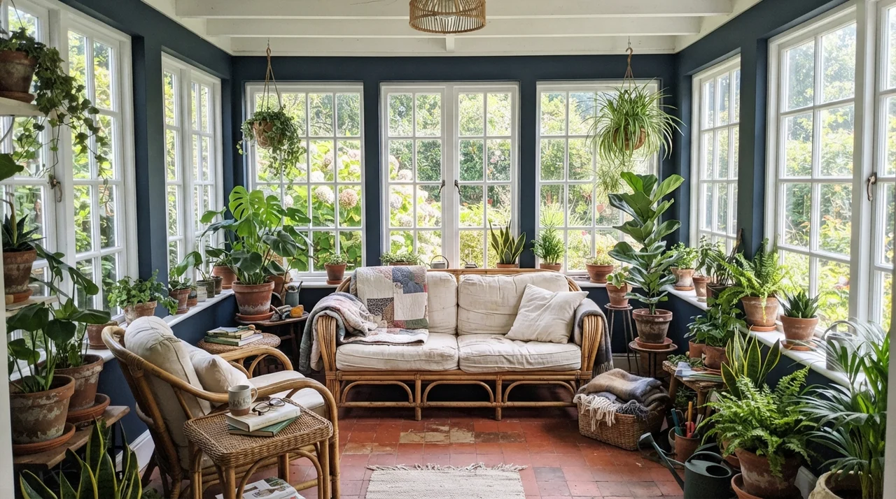 Sunroom with painted Naval wall sections between numerous white-framed windows with plants