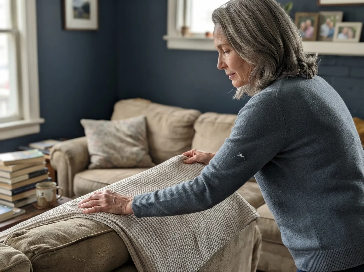 Susan Hartley folding a waffle-weave throw blanket against living room walls painted in Sherwin-Williams Naval