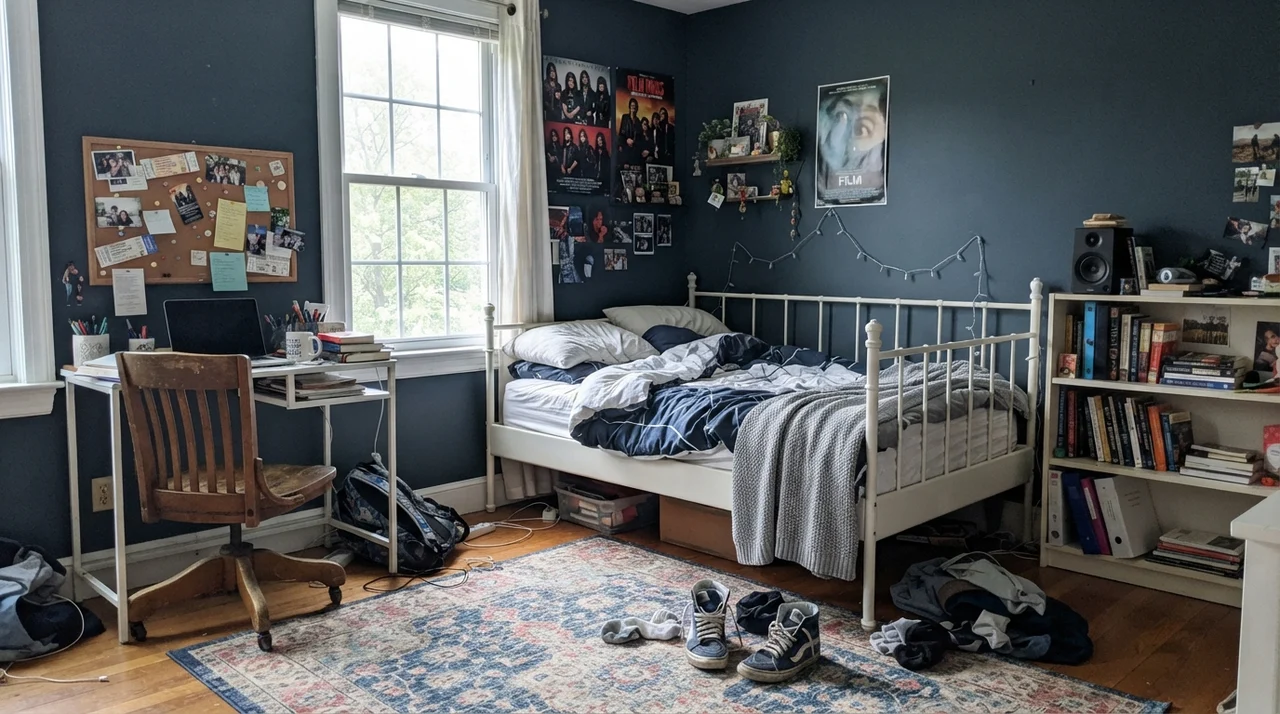 Teenager bedroom with painted Naval walls, white metal bed, and study desk in bright daylight