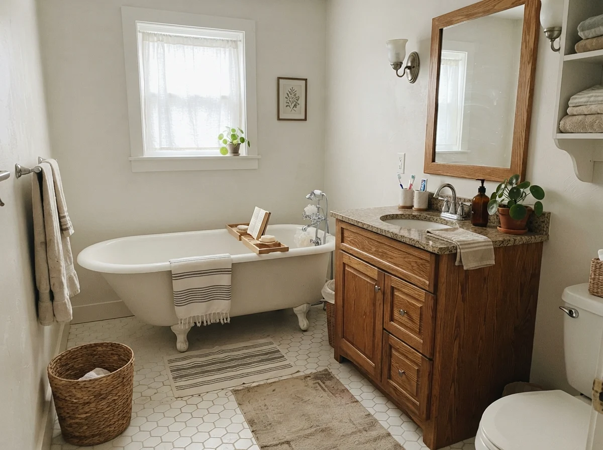 Cottage bathroom with white clawfoot tub, hex tile, oak vanity, and painted walls.
