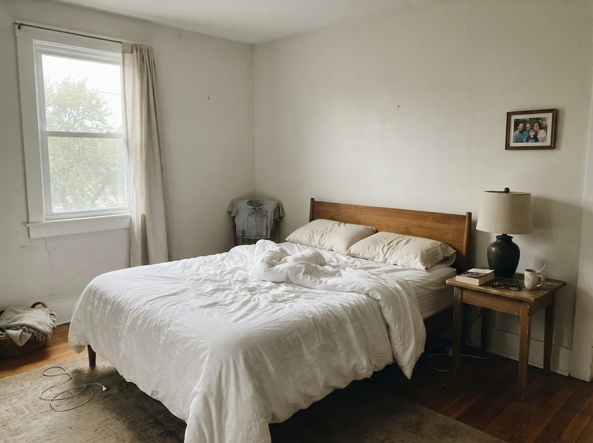 Bedroom with unmade white bedding, wood nightstand, and painted walls looking muted in early morning light.