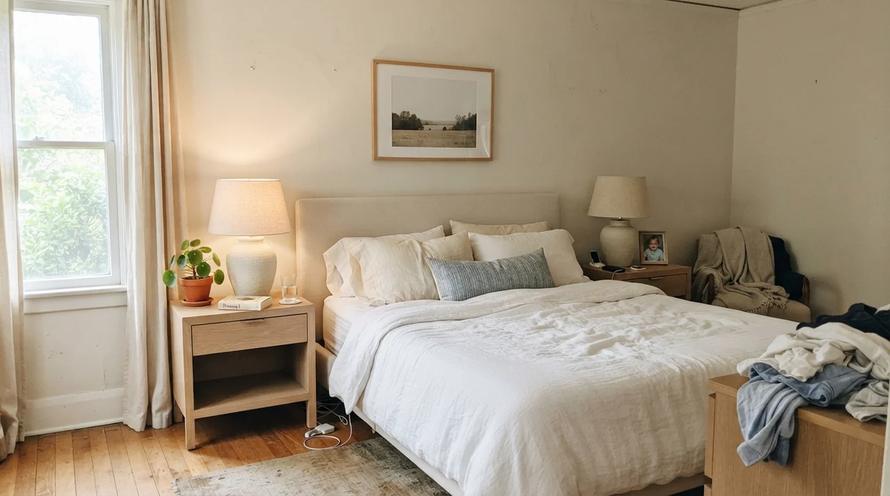 Main bedroom with painted walls, white linen bedding, pale oak nightstand, and ceramic lamp.