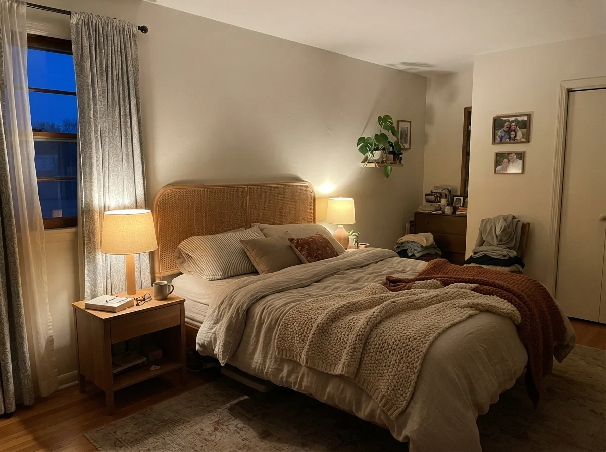 Simple bedroom in the evening with a warm table lamp glowing against the painted wall and cane headboard.