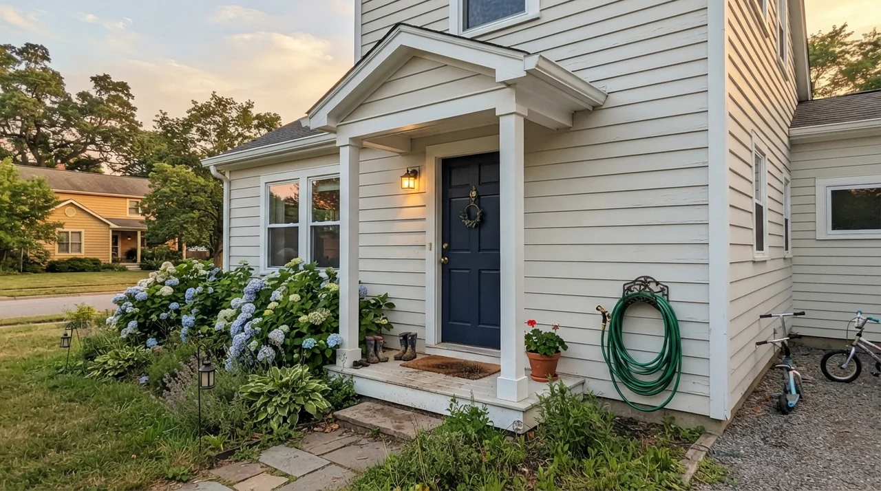 House exterior with painted siding, white trim, dark navy door, and hydrangeas in evening light.
