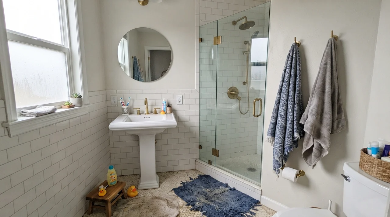 Family bathroom with Origami White painted upper walls above white subway tile wainscot, brass shower fixtures, and glass door.