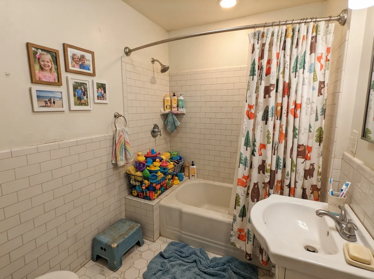 Kids bathroom with painted walls over subway tile, overflowing bath toys, and warm light.