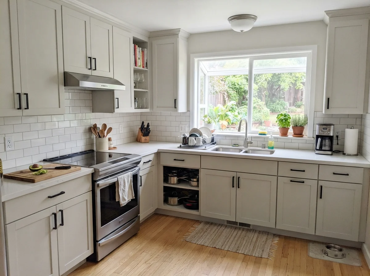 Kitchen shaker cabinets painted Origami White with white subway backsplash and light oak floor.