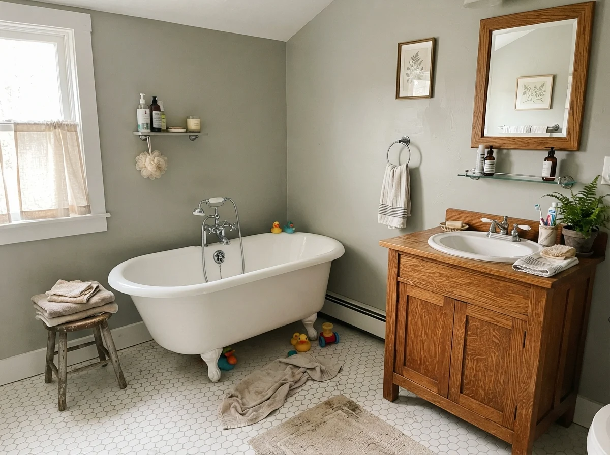 Cottage bathroom with white clawfoot tub, painted walls, and oak vanity.