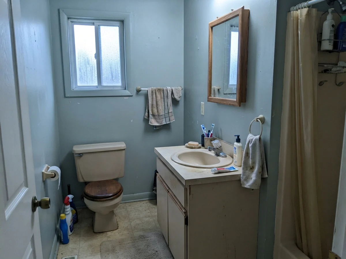 Dated bathroom showing cool cast on painted walls next to beige vanity.