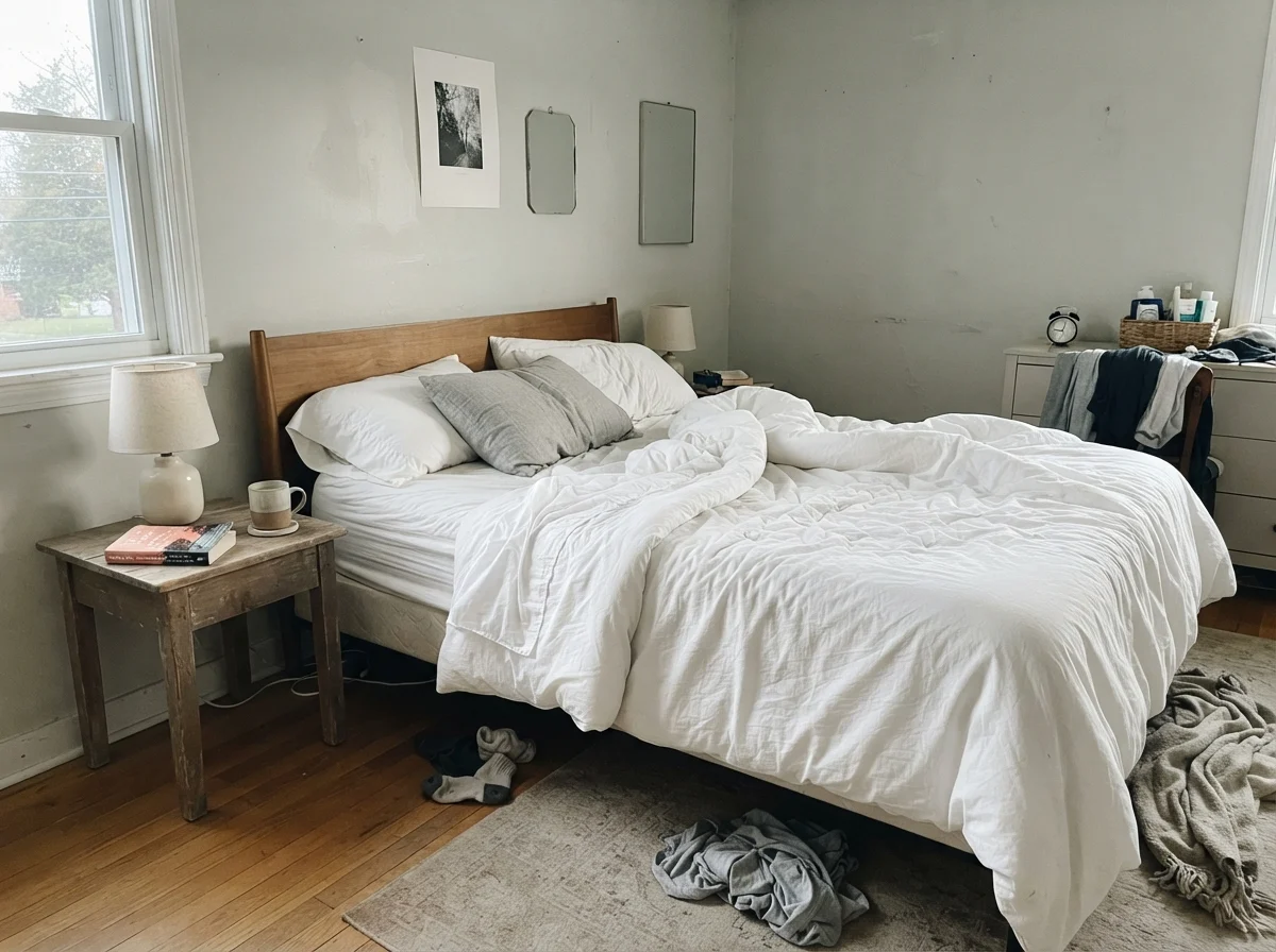 Bedroom at dawn with painted walls, unmade white bed, and wood nightstand.