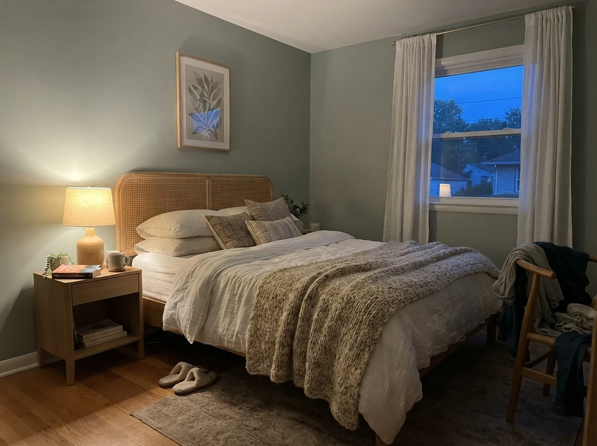 Bedroom at dusk with lamp glowing on painted wall beside cane headboard.