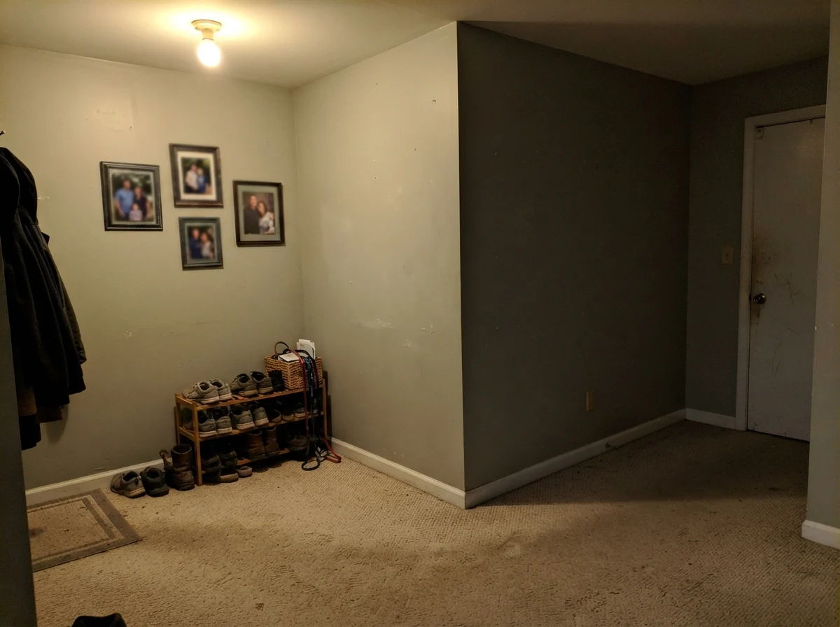 Dim windowless hallway corner showing muddy, flat wall color over beige carpet.